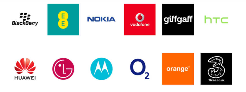 Logos of popular mobile phone brands and UK network providers supported at iCrack Carmarthen for phone unlocking, including Vodafone, O2, EE, Three, Giffgaff, Orange, HTC, Nokia, Huawei, LG, Motorola, and BlackBerry.